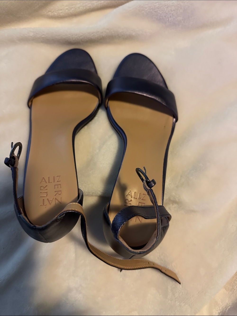 Anne Klein Navy Leather Open-Toe Ankle-Strap Sandals